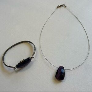 Vintage Y2K Purple Amethyst Stone Bangle Bracelet and Wire Necklace Set